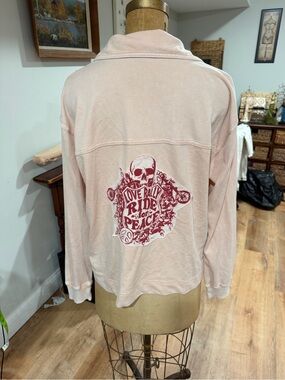 Jane and Delancey Pale Pink Jean Jacket with Red Graphic Back